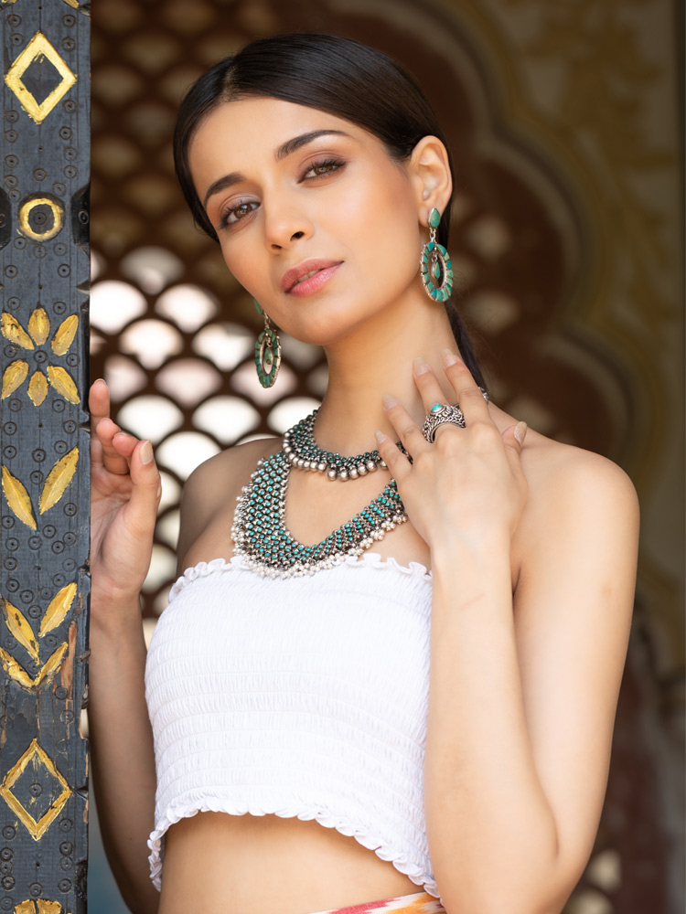 ETHNIC SILVER STUDDED WITH PEARLS AND TURQUOISE BEADS