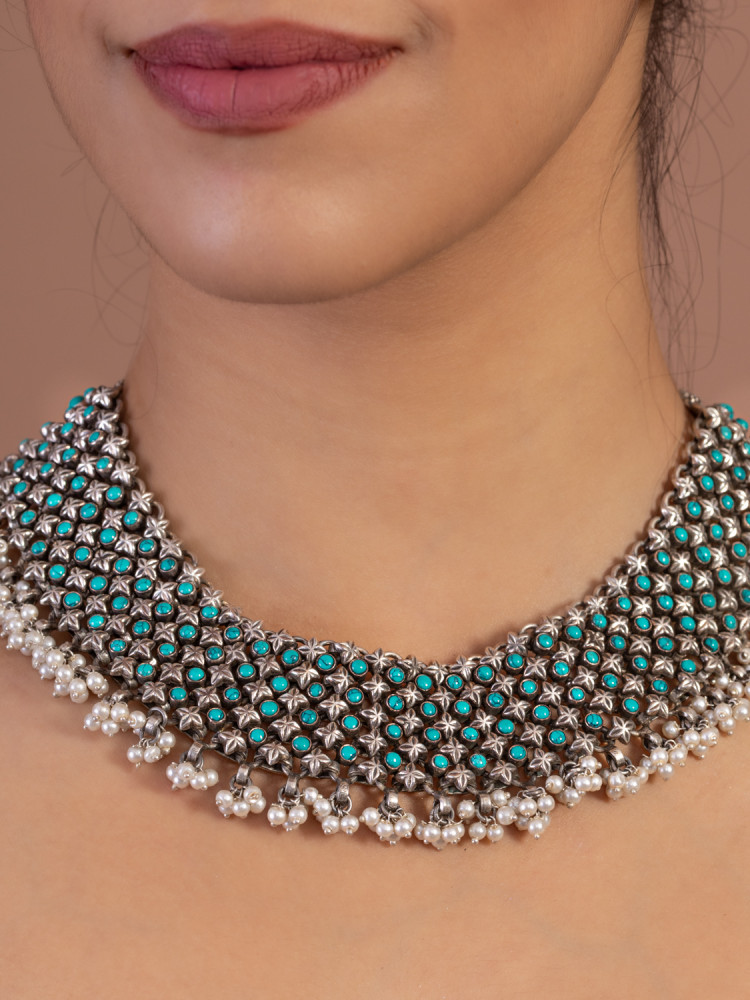 ETHNIC SILVER STUDDED WITH PEARLS AND TURQUOISE BEADS