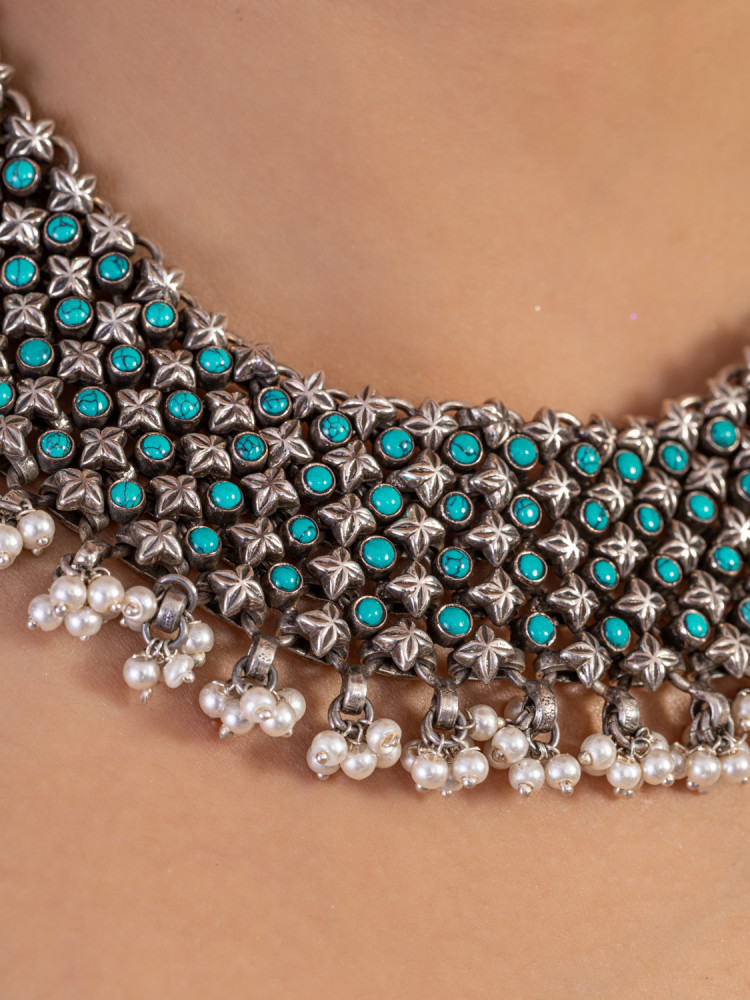 ETHNIC SILVER STUDDED WITH PEARLS AND TURQUOISE BEADS